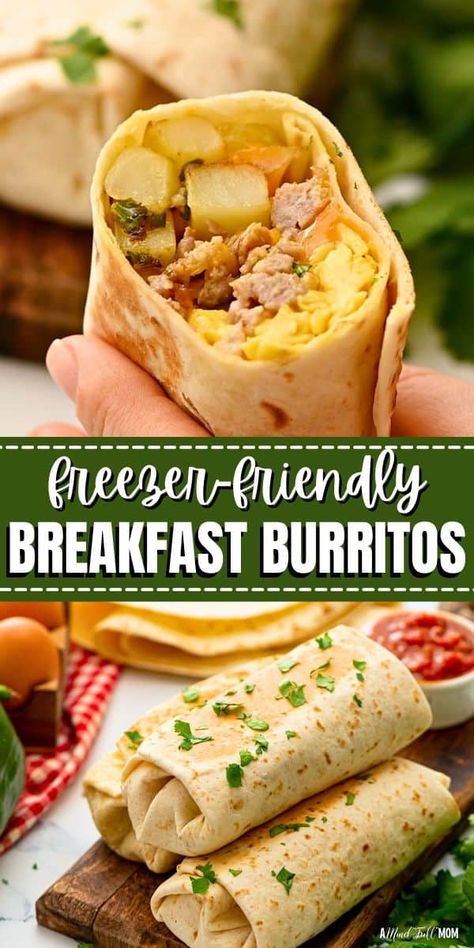 Made with potatoes, eggs, sausage, and cheese, these freezer-friendly breakfast burritos are delicious, filling, and reheat beautifully! Freezer Breakfast Potatoes, Breakfast Burritos Freezer, Freezer Breakfast Ideas, Breakfast You Can Freeze, Freezer Friendly Breakfast, Breakfast Burrito Recipe, Breakfast Burrito, Freezable Breakfast, Make Ahead Breakfast Burritos