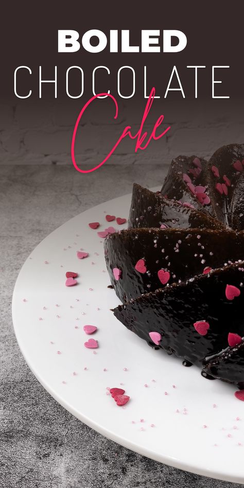 Chocolate cake made by boiling all liquid materials and topped off with runny chocolate ganache. Boil Cake Recipes, Boiled Chocolate Cake, Delicious Chocolate Cake, Dinner Party Desserts, Bake A Cake, Smooth Cake, Tasty Chocolate Cake, Chocolate Cheese, Moist Chocolate Cake