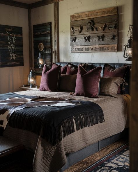 rustic bedroom featuring a large bed with dark fringe bedding, accented by deep burgundy pillows and a cowhide throw. The walls are adorned with Western-themed art, and a vintage lantern adds moody lighting. #westernstyle #rustic #dark #vintage #lantern #fringe Fringe Bedding, Western Style Bedroom, Modern Western Bedroom, Burgundy Pillows, Moody Lighting, Dads Room, Large Bed, Western Bedroom, Large Beds