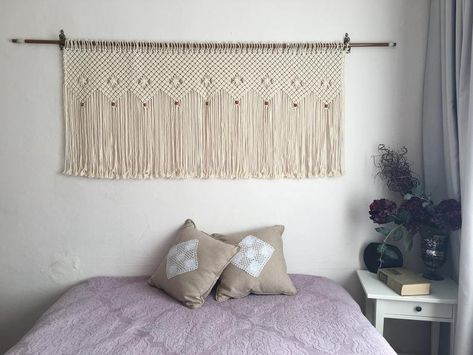 over bed art, wall decor, boho bedroom decoration, large macrame hanging, textile headboard Textile Headboard, Over Bed Art, Decor Over Bed, Princess Bedroom Decor, Macrame Wall Hanging Decor, Macrame Headboard, Bed Art, Hanging Bedroom, Hanging Diy