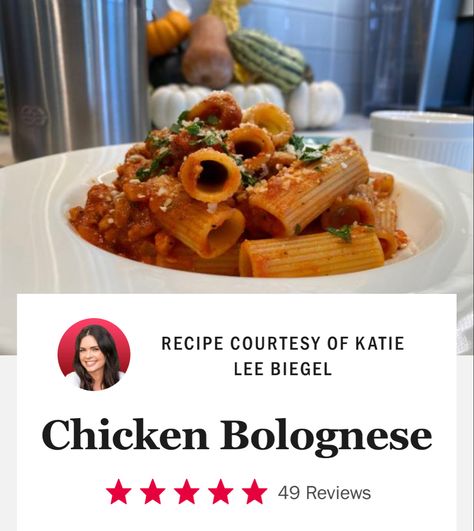 Chicken Bolognese Recipe Katie Lee, Chicken Bolognese, Katie Lee Biegel, Bolognese Recipe, Bolognese Sauce, Canned Tomato Sauce, Ground Chicken, Rigatoni, How To Can Tomatoes