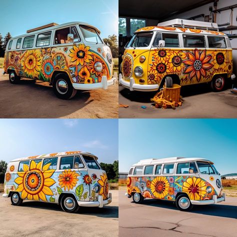 Van Mural, Caravan Paint, Van Exterior, 70s Van, Volkswagon Van, Sunflower Vans, Short Bus, Hippie Bus, Hippie Van