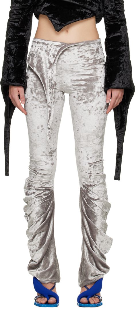 Stretch polyester velvet lounge pants. · Self-tie straps at asymmetric waist · Gathering at legs Supplier color: Silver Velvet Lounge, Grey Lounge, Sleepwear & Loungewear, Lounge Pants, Active Wear For Women, Charcoal Grey, Over Knee Boot, Apparel Accessories, Active Wear