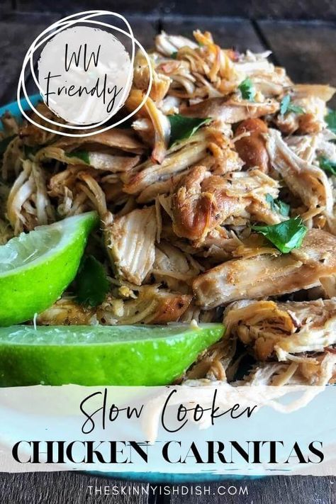 Slow Cooker Chicken Carnitas is a fresh and delicious take on the classic carnitas made with pork. Slow-cooked in lime and orange juice, adobo sauce with chipotle peppers, onions, and spices. Then broiled to aid in drop-dead delicious and slightly crispy bits. These Chicken Carnitas will become your new obsession! Throw this chicken into a taco, burrito, burrito bowl, or salad and dig in. #slowcooker #chickencarnitas Chicken Carnitas, Skinnyish Dish, Taco Burrito, Chipotle Peppers, Ww Meals, Healthy Tacos, Adobo Sauce, Burrito Bowl, Weight Watcher Recipes