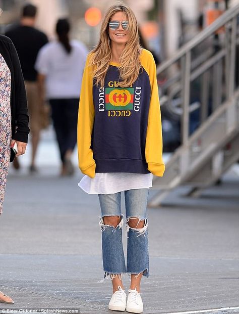 Be a Gucci girl like Heidi in her logo sweatshirt. Click 'Visit' to buy now. #heidiklum #gucci #athleisure #DailyMail Gucci Sweatshirt Outfit, Manish Style, Heidi Klum Street Style, Heidi Klum Style, Nomad Fashion, Gucci Sweatshirt, Manish Fashion, Mom And Kids, Designer Sweatshirts