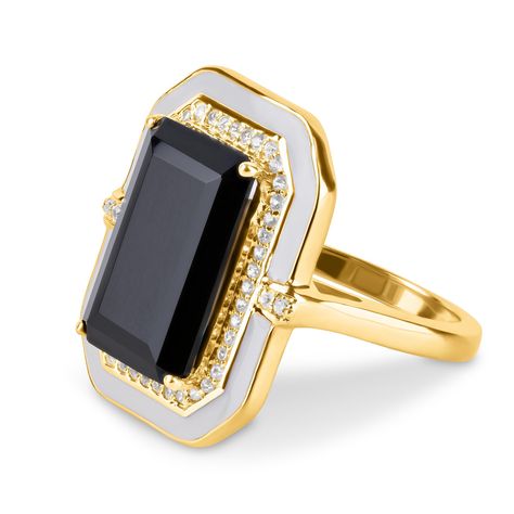 PRICES MAY VARY. HIGH QUALITY: Crafted with exquisite 14k gold-plated silver, this black onyx ring is adorned with a 5.8 carat onyx, white sapphire accents and hand-painted white enamel for unrivaled luxury. It is stamped with "925" for authenticity. HYPOALLERGENIC: For those seeking both style and comfort, this cocktail statement ring is designed to be 100% nickel free and hypoallergenic making it perfect for sensitive skin. Say goodbye to green fingers even after hours of wear! MATCHING SET: C Black Enamel Diamond Ring, Black Onyx Engagement Ring, Black Opal Ring, Octagon Shape, Gold Gemstone Ring, Black Onyx Ring, Custom Ring, Onyx Ring, Affordable Jewelry