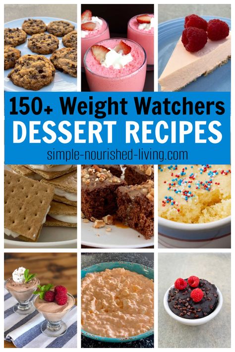 Food Photo Collage of Weight Watchers Desserts: cookies, cakes, mug cakes, yogurt fluffs, jello, pudding, ice creams, mousses with Text Box: 150+ Weight Watchers Dessert Recipes Weight Watchers Twix In A Jar, Weight Watchers Greek Yogurt Dessert, Zero Point Desserts Weight Watchers, Ww Cookies Recipes, Ww Desserts Easy Low Points, Ww Dessert Recipes, Weight Watcher Mug Cake, Ww 2024, Weight Watchers Dessert