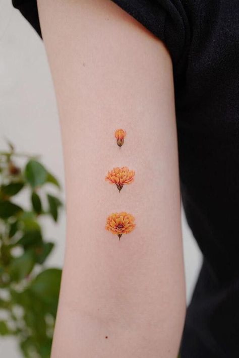 Montreal Tattoo, Marigold Tattoo, Carnation Tattoo, Astrology Tattoo, Chrysanthemum Tattoo, Daisy Tattoo, Small Flower Tattoos, Birth Flower Tattoos, Cute Small Tattoos