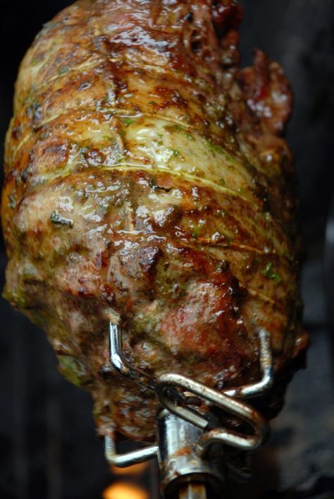 Rotisserie Leg of Lamb Verde - Gusto TV Churrasco Recipe, Rotisserie Lamb, Cooking Over Fire, Parsley Leaves, Marinated Lamb, How To Cook Lamb, Garlic Juice, Lamb Leg, Grilling Sides