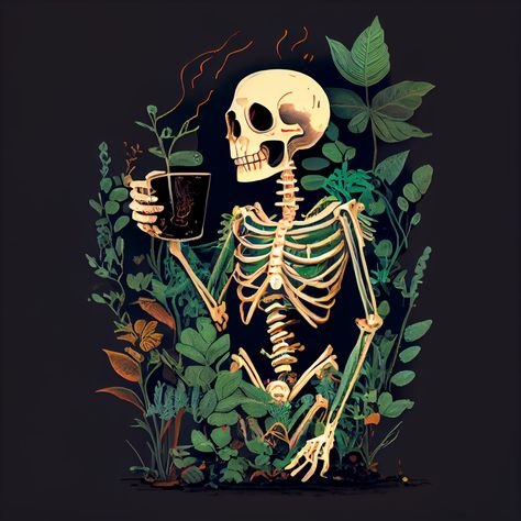 Skeleton Sipping Coffee Surrounded by Plants Skeleton Artwork, Skeleton Drawings, Skeleton Illustration, Cute Skeleton, Skull Illustration, Skeleton Art, Beautiful Dark Art, Cool Sketches, Plant Illustration