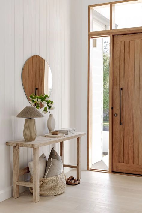 Modern Entryway Ideas, Sophisticated Coastal, Entryway Decor Ideas, Mud Room Entry, Modern Entryway, Timber Door, Large Basket, Entryway Ideas, Beautiful Storage