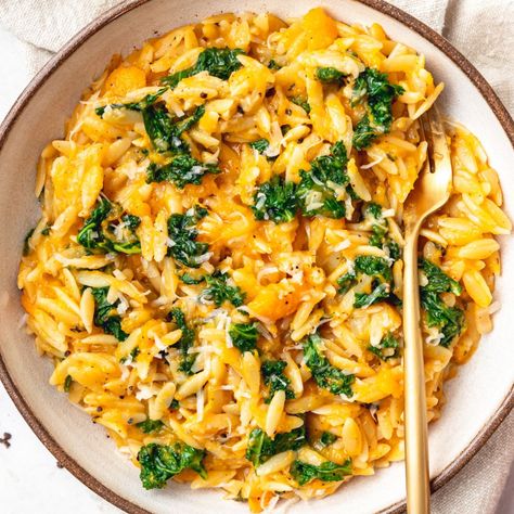 Butternut Squash Orzo with Kale Squash Orzo, Kale Pasta Recipe, Butternut Squash And Kale, Boursin Recipes, Butternut Squash Kale, Butternut Recipes, Kale Pasta, Kale Orzo, Butternut Squash Orzo