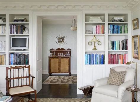 Builtin Bookshelves, White Library, Phoebe Howard, Small Basement Remodeling, Atlanta Apartments, Dentil Moulding, Bookcase Styling, Book Shelves, Built In Bookcase