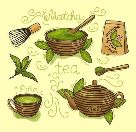 Tea Leaves Illustration, Drink Sketch, Fruit Wallpaper Pattern, Illustration Objects, Matcha Drink, Leaves Illustration, Fruit Wallpaper, Color Illustration, Cafe Logo