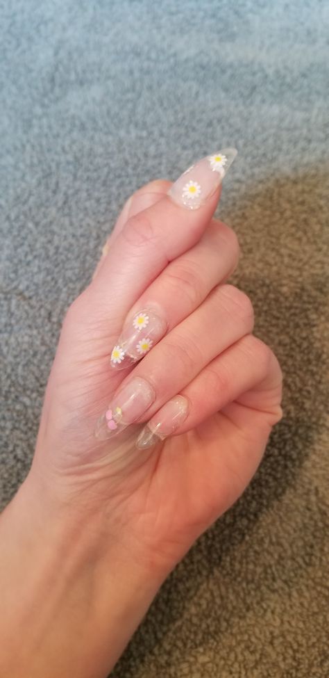 Clear flower nails Clear Nails With Stickers, Flower Clear Nails, Opi Nail Colors, Poly Gel, Extension Designs, Polygel Nails, Clear Nails, Opi Nails, Nail Extensions