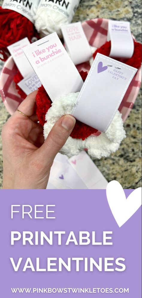 Tell your friends how much you love them with these adorable printable scrunchie valentines! Download the free printable today and learn to make your own scrunchies with a free scrunchie crochet pattern. Valentines Day Scrunchies, Scrunchie Tags Printable Free, Scrunchie Crochet Pattern, Scrunchie Crochet, Valentines Hair, Free Printable Valentines, Happy Love Day, Valentine Hair, Printable Valentines