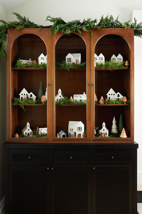 a wooden cabinet with christmas village Elegant Christmas Decorations, Elegant Wreaths, Christmas Decorations Ideas, Homemade Ideas, Elegant Christmas Decor, Fun Christmas Decorations, Diy Christmas Decorations, Jolly Holiday, Pantry Items