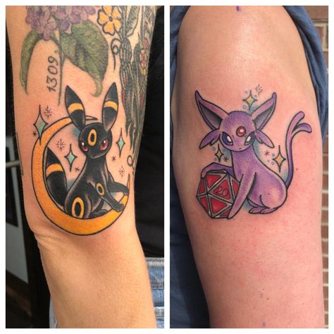 Shiny Umbreon Tattoo, Umbreon Espeon Tattoo, Umbreon And Espeon Tattoo, Leafeon Tattoo, Espeon Tattoo, Umbreon Tattoo, Tattoos Together, Equine Tattoo, Gengar Tattoo