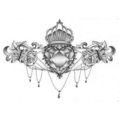 Jewel Chest Piece Tattoo, Woman Chest Piece Tattoo, Claddagh Tattoo Design, Claddagh Drawing, Claddagh Tattoo Women, Abdomen Tattoos Women, Claddagh Art, Chandelier Tattoo, Claddagh Tattoo