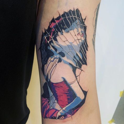 Retro Anime Tattoo, Anime Stomach Tattoo, Perfect Blue Tattoo Ideas, Rumi Perfect Blue, Satoshi Kon Tattoo, Horror Manga Tattoo Ideas, Horror Anime Tattoo, Perfect Blue Tattoo Anime, Mima Dress Perfect Blue