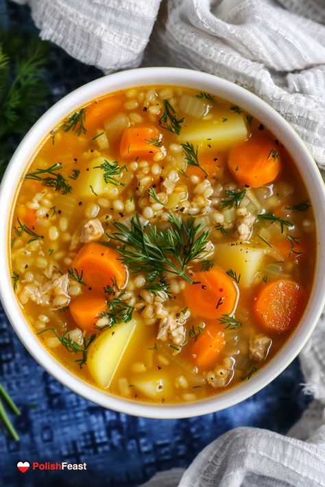 Polish Soup, Barley Soup Recipe, Barley Recipe, Carrot Salad Recipes, Hearty Soup, Barley Soup, Veggie Soup, Polish Recipes, European Food