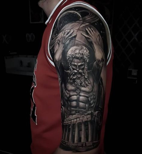 Atlas carrying a world sphere atop temple Atlas Bear, Atlas Tattoo, Temple Tattoo, Hunting Tattoos, Tattoo World, Skull Sleeve, Skull Sleeve Tattoos, Celestial Sphere, Circle Tattoo