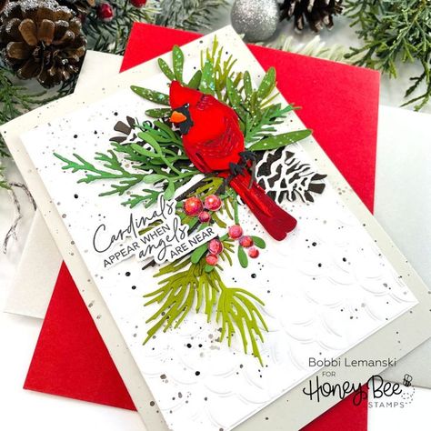 Cardinal Christmas Cards, Tim Holtz Crafts, Stamped Christmas Cards, Winter Greenery, Winter Birds, Christmas Cardinals, Honey Bee Stamps, Bee Cards, Winter Bird