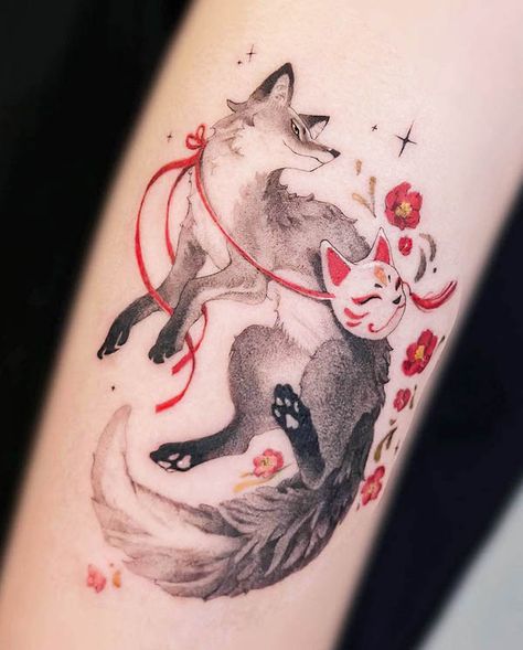 Japanese fox tattoo by @yusoo.tattoo Japanese Fox Tattoo, Small Fox Tattoo, Watercolor Fox Tattoos, Fox Tattoo Design, Cute Simple Tattoos, Our Mindful Life, Japanese Fox, Simple Illustrations, Fox Tattoo