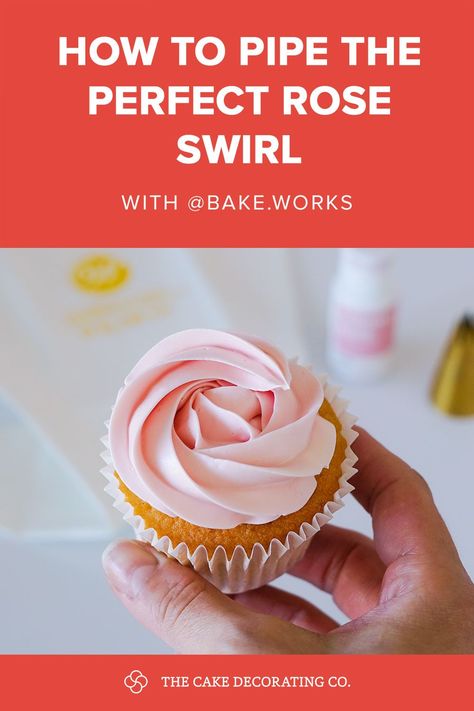 Beautifully piped Rose pink buttercream rose swirl on a cupcake being held up. Crumb Coating A Cake, Swirl Cupcakes, Baking Tutorial, Cupcake Decorating, Cupcake Frosting, Cupcakes Decoration, Show Us, A Rose, Piping