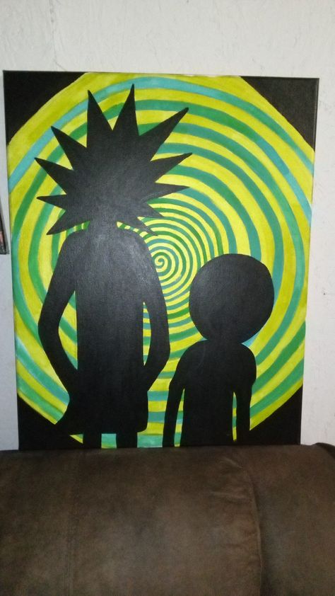 Easy Rick And Morty Painting, Trippy Painting Ideas Easy, Trippy Art Ideas Easy, Hippie Painting Ideas Easy Canvas, Square Painting Ideas, Rick And Morty Painting, Morty Painting, Cute Easy Paintings, Canvas Art Projects