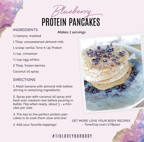 Tone it up blueberry protein pancakes Tiu Recipes, Blueberry Protein Pancakes, Protein Powder Pancakes, Clean Protein, Pancakes Ingredients, Protein Powders, Filling Breakfast, Healthy Bites, Sugar Detox