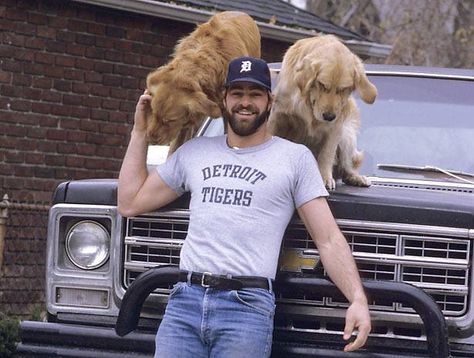 WOW <3......Detroit Tiger, Kirk Gibson with his two dogs!!!!! From 1984 Kirk Gibson, Gordie Howe, Tiger Roaring, Michigan Adventures, Detroit Sports, It's Saturday, Detroit Tigers Baseball, The Mitten, Tigers Baseball