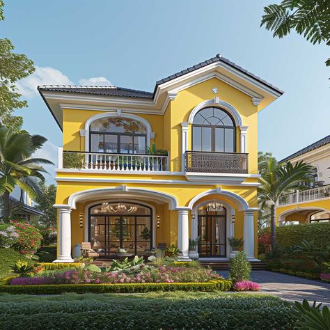 Pastel Yellow and Hazy Blue for Soft, Dreamy House Exteriors • 333+ Images • [ArtFacade] Exterior House Colours, Blue Home Exterior, Home Exterior Colors Schemes, Inspiring Lifestyle, House Colours, Small House Elevation, Small House Elevation Design, Latest House Designs, Coastal Elegance