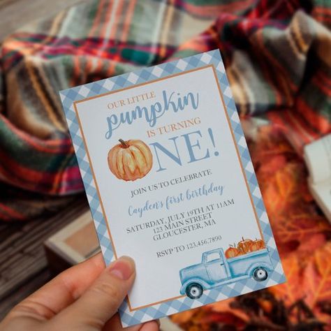 $2.04 | Little Pumpkin Pastel Blue truck first birthday - our little pumpkin, fall, pumpkins, blue plaid, boy, first birthday, pastel, light blue, plaid, blue truck Fall First Birthday, Pastel Light Blue, Pumpkin 1st Birthdays, Pumpkin First Birthday, Light Blue Plaid, Baby Boy First Birthday, Pumpkin Birthday, 1st Birthday Themes, Blue Truck