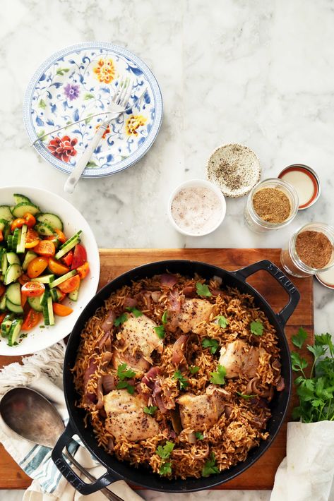 One-Pot Chicken with rice, lots of spices, a splash of wine and a sprinkle of parsley. It’s simple. It’s supposed to be. Make this simple and full of flavor recipe for dinner tonight! Baharat Chicken, Shabbat Dinner, Joy The Baker, One Pot Wonders, Cucumber Tomato Salad, One Pot Chicken, Rice Ingredients, Boneless Skinless Chicken Thighs, Chicken And Rice