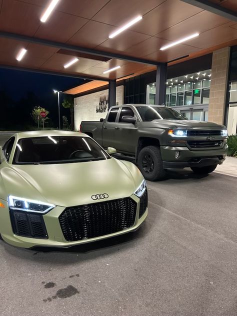 His & hers Goals Sage green liquid wrap Military green vinyl wrap Green Audi R8, Audi R8 Matte, Sage Green Car, His And Hers Cars, Green Audi, Wrapped Cars, Car Stripes, Find A Partner, Green Liquid