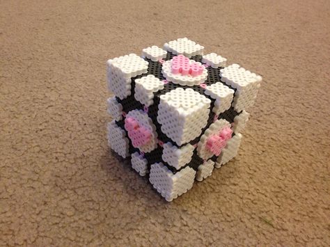 Companion Cube Perler Beads, Portal Perler Beads, Perler Beads 3d, Portal Companion Cube, Companion Cube, Melty Bead Patterns, 3d Perler Bead, Beads Designs, Melty Beads