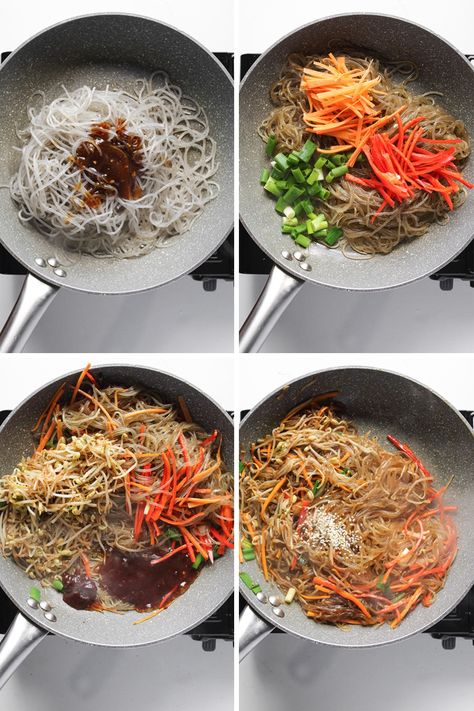 Vegetarian Japchae, Cook Sweet Potato, Sweet Potato Noodles Recipe, Korean Japchae, Japchae Noodles, Japchae Recipe, Sweet Potato Stir Fry, Glass Noodles Recipe, Korean Glass Noodles