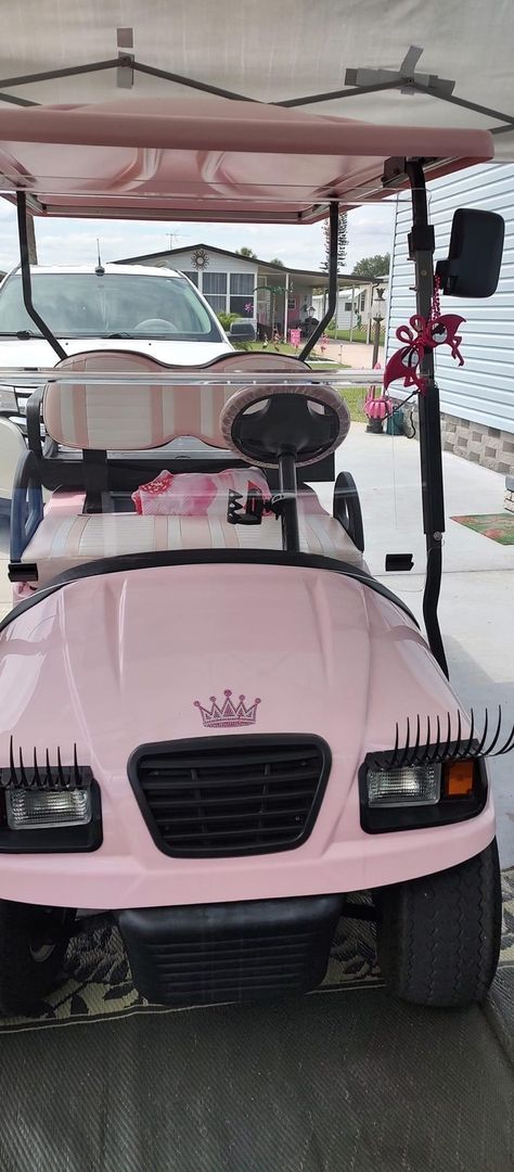 Girly Golf Cart, Golf Carts Aesthetic, Golf Carts Makeover, Aesthetic Golf Cart, Carts Aesthetic, Golf Cart Paint Ideas, Decorated Golf Cart, Pink Four Wheeler, Cute Golf Cart