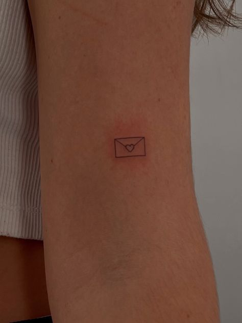 Cute Tattoos Fine Line, Brianna Chickenfry Tattoo, Creative Minimalist Tattoo, Small Envelope Tattoo, Fine Line Cute Tattoo, Fourteen Tattoo, Dainty Cute Tattoos, Fine Line Tattoo Aesthetic, Love Note Tattoo