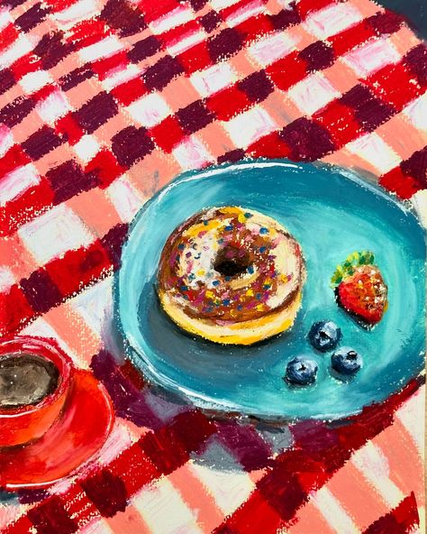 Oil Pastel Food Drawing, Still Life Drawing Oil Pastels, Coffee Oil Pastel, Donut Still Life, Oil Pastel Still Life, Still Life Sketch, Coffee Drawing, Oil Pastel Drawings, Pastel Paper