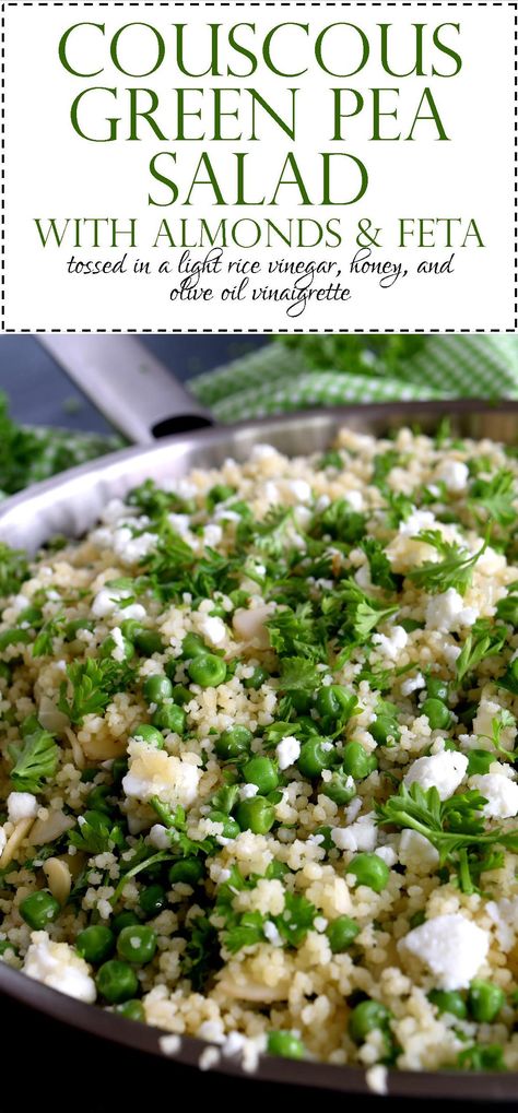 Couscous Green Pea Salad with Almonds and Feta - Lord Byron's Kitchen Green Peas Salad Recipe, Fresh Green Peas Recipes, Coucous Salad Recipes Feta, Fresh English Peas Recipe, Pea Feta Salad, Fresh Pea Recipes, Barbeque Beef, Homemade Barbeque Sauce, Beef Bites