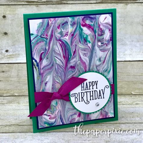 Today’s card showcases the marbling technique created with shaving cream and ink refills! This is so fun to do! Here’s a technique video by Stampin’ Up!: This technique works best with Glossy White paper, but Watercolor paper works too! Scrapbooking Technique, Marble Card, Marbling Techniques, Cool Birthday Cards, Stampin Pretty, Marbled Paper, Card Making Tips, Birthday Card Design, Crafts For Kids To Make