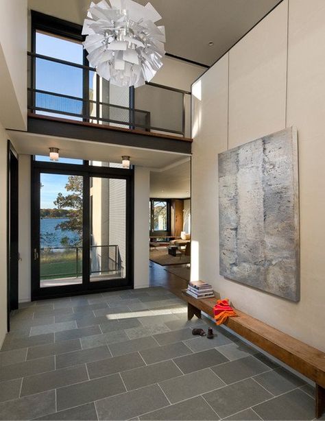 Foyer, 1/2 bath, Laundry floor. Gauged Montauk Black Slate Tile with Light grey grout Modern Foyer Design, Grey Slate Tile, Entryway Tile, Modern Foyer, French Country Bathroom, Modern Entry, Entry Design, Entry Bench, Modern Entryway