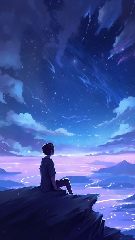 Cute Couple Pics Drawing, Peace Anime Wallpaper, Sitting On A Cliff, A Person Sitting, Looking At The Sky, Sky Anime, Best Photo Background, Cool Anime Backgrounds, Pretty Backgrounds