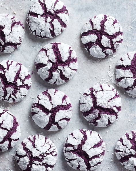 Ube Crinkle Cookies | The Kitchn Ube Crinkles Cookies Recipe, Ube Crinkle Cookies, Flourless Chocolate Cookies, Crinkle Cookies Recipe, Purple Food Coloring, Chocolate Chip Cookie Cake, Purple Food, Chocolate Crinkle Cookies, Sugar Cookie Bars