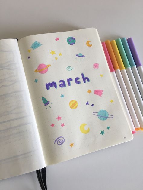 march pastel space planets bullet journal theme #bujo #bujoideas #bulletjournal #bulletjournaling #bulletjournalideas Pastel Space, Bullet Journal Ideas Templates, Journal Inspiration Writing, Happy March, Creating A Bullet Journal, Bulletin Journal Ideas, I Messed Up, Bullet Journal Diy, Space Planets