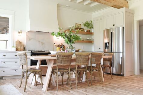 Custom built farmhouse table by Dave Marrs of Fixer to Fabulous. Jenny Marrs Kitchen, Dave And Jenny Marrs, Jenny Marrs, Trim Paint Color, Old Home Remodel, Cabinet Paint Colors, White Oak Floors, Beautiful Kitchen, The Farmhouse