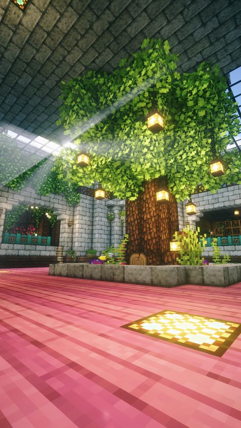 tree with lanterns in the middle of the room. room is underground with crescent moon shaped skylight taking up most of the ceiling. Room is cylindrical. There are two openings in the wall of the room leading to other rooms. Underground Moon Base Minecraft, Fairy Underground Base Minecraft, Minecraft Base Ideas Survival Underground, Cute Underground Base Minecraft, Minecraft Underground Room Ideas, Minecraft Underground Farm Ideas, Underground Room Minecraft, Mc Underground Base, Underground Builds Minecraft