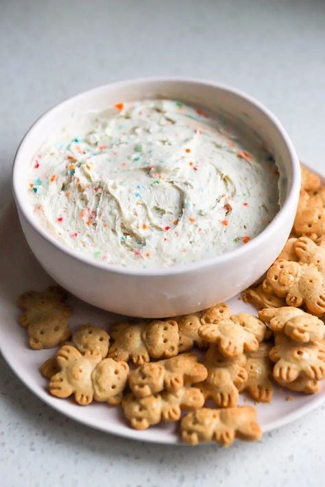 Homemade Dunkaroo Dip (Funfetti Cake Batter Dip) - Basics with Bails Best Dessert Dips, Dunkaroo Dip Recipe, Funfetti Cake Batter Dip, Recipe With Cool Whip, Funfetti Dip Recipe, Dunkaroo Dip, Childhood Snacks, Easy Dessert Dips, Recipes With Cool Whip